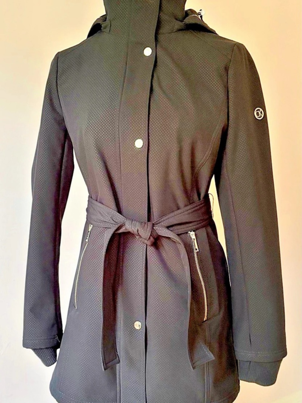 Like New Calvin Klein Belted Softshell Waterproof Jacket with Inner Bib Black XS